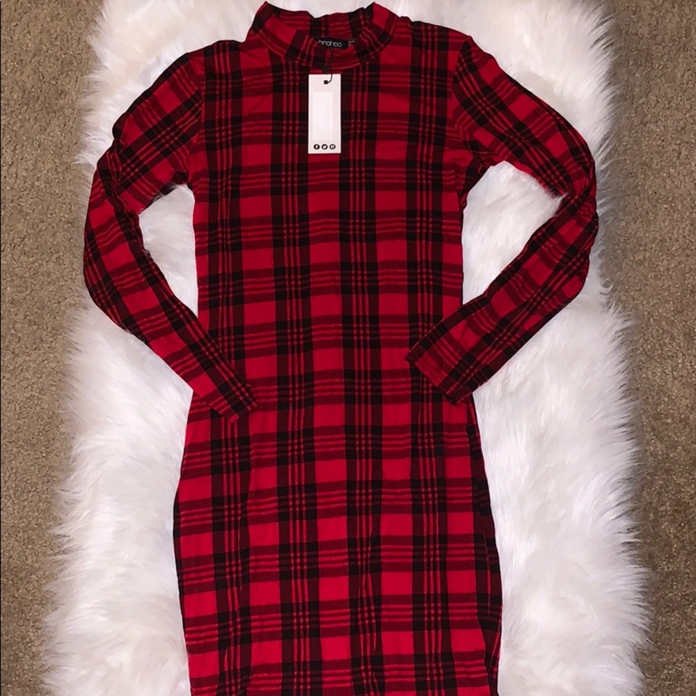 Red Plaid Tutleneck Bodycon